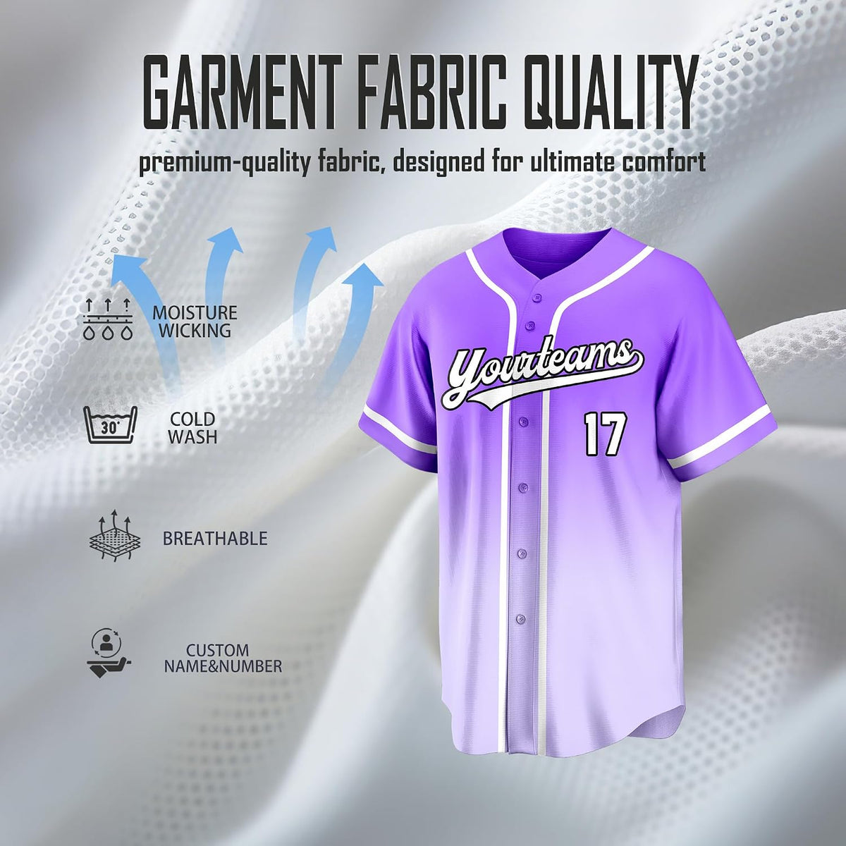 Custom Purple and Lavender Gradient Baseball Jersey with White Piping