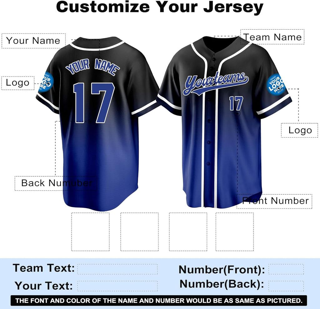 Custom Black and Royal Blue Gradient Baseball Jersey
