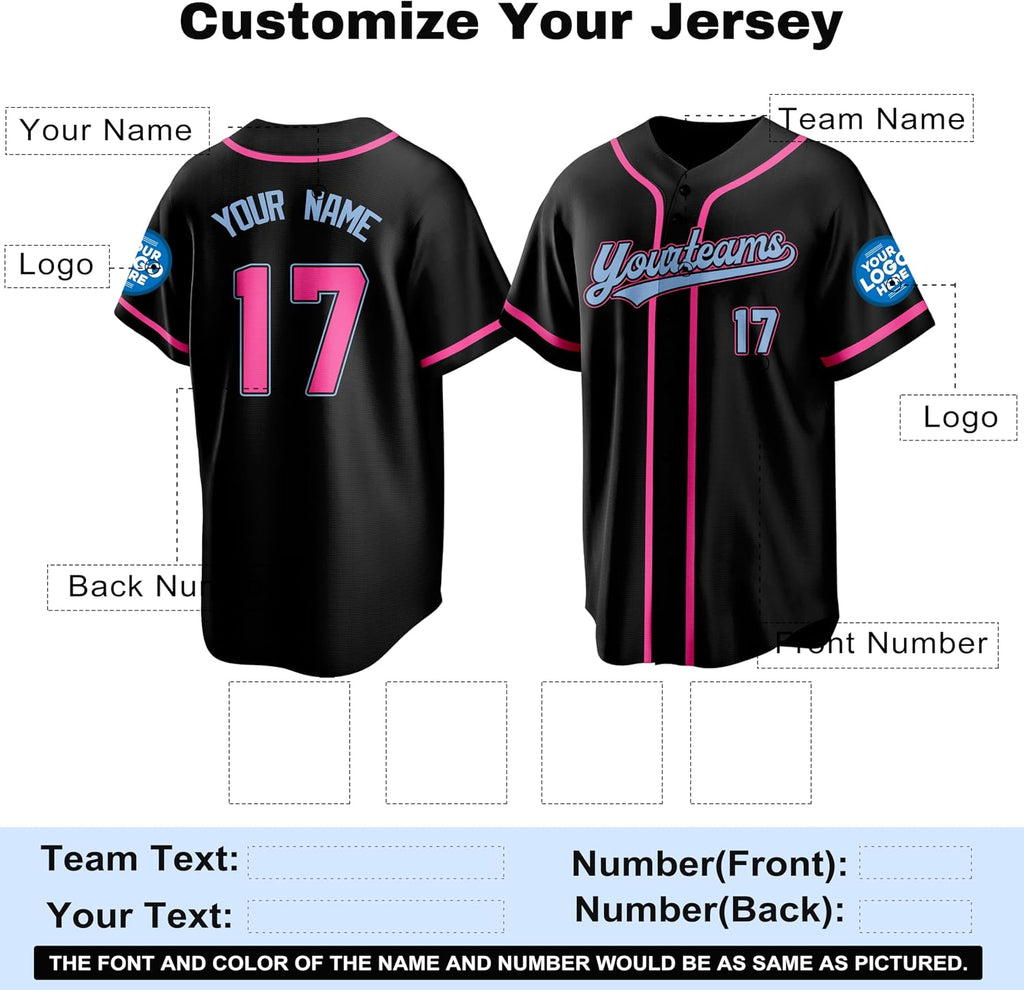 Custom Black Baseball Jersey with Pink Trim and Light Blue Lettering
