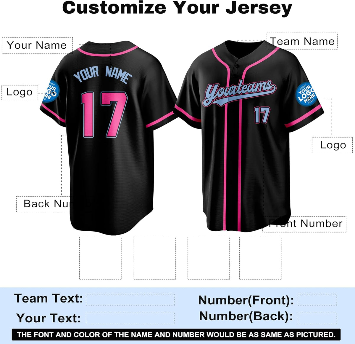Custom Black Baseball Jersey with Pink Trim and Light Blue Lettering
