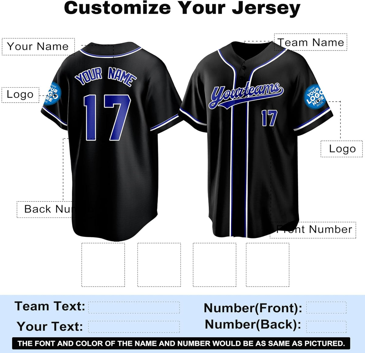 Custom Black Baseball Jersey with Blue and White Piping