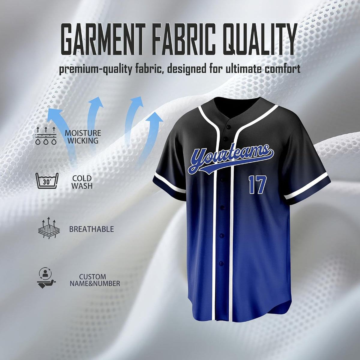 Custom Black and Royal Blue Gradient Baseball Jersey