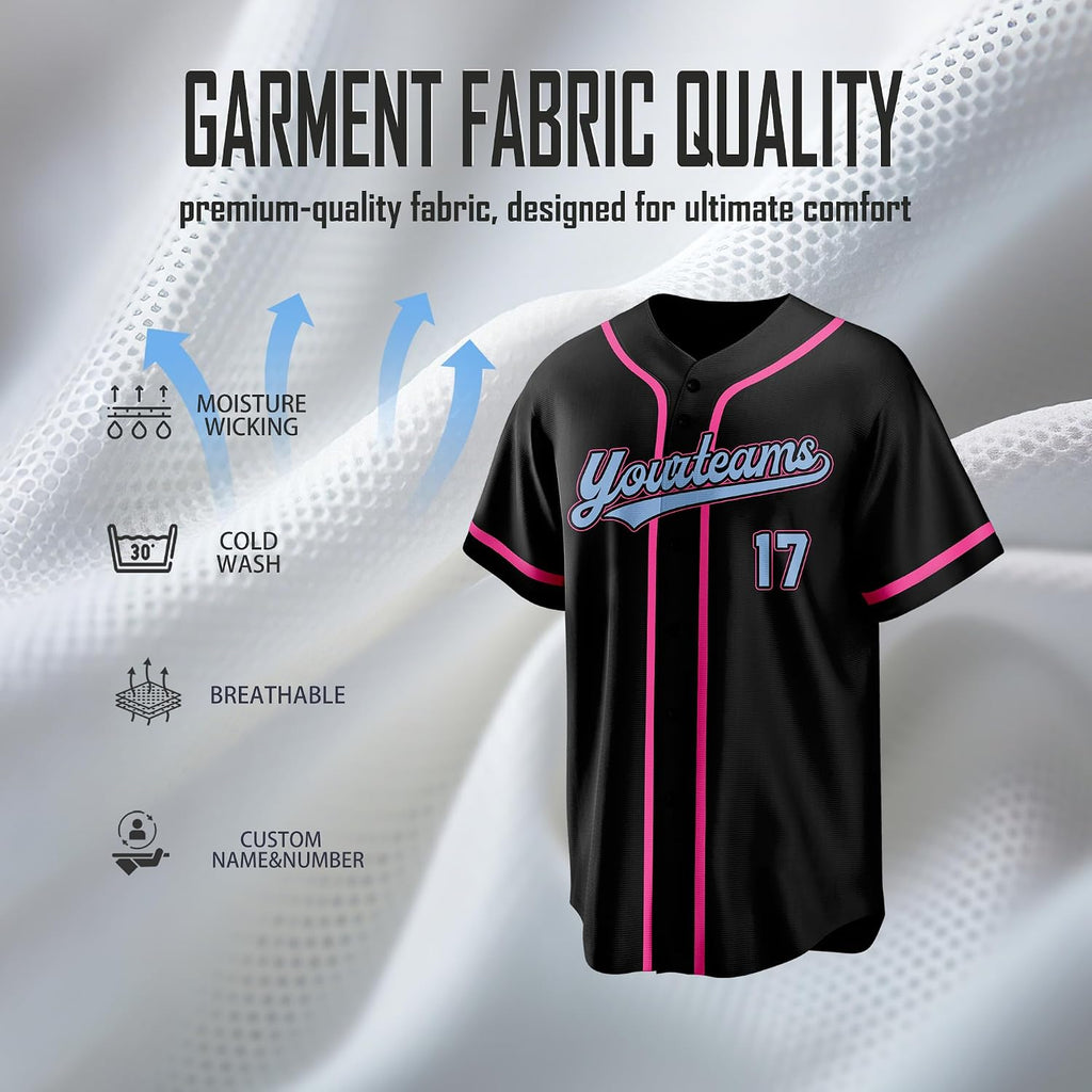 Custom Black Baseball Jersey with Pink Trim and Light Blue Lettering