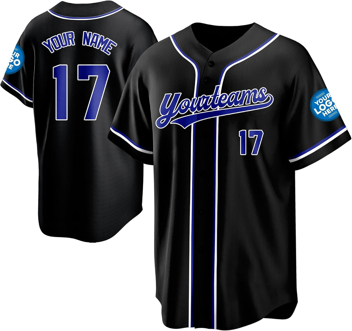 Custom Black Baseball Jersey with Blue and White Piping
