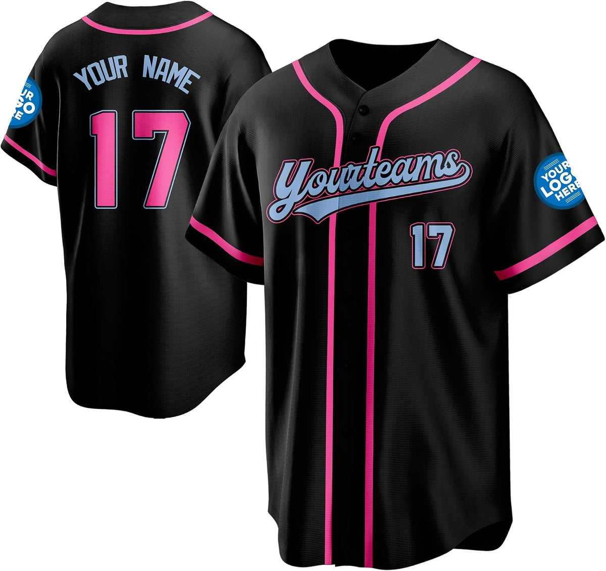 Custom Black Baseball Jersey with Pink Trim and Light Blue Lettering