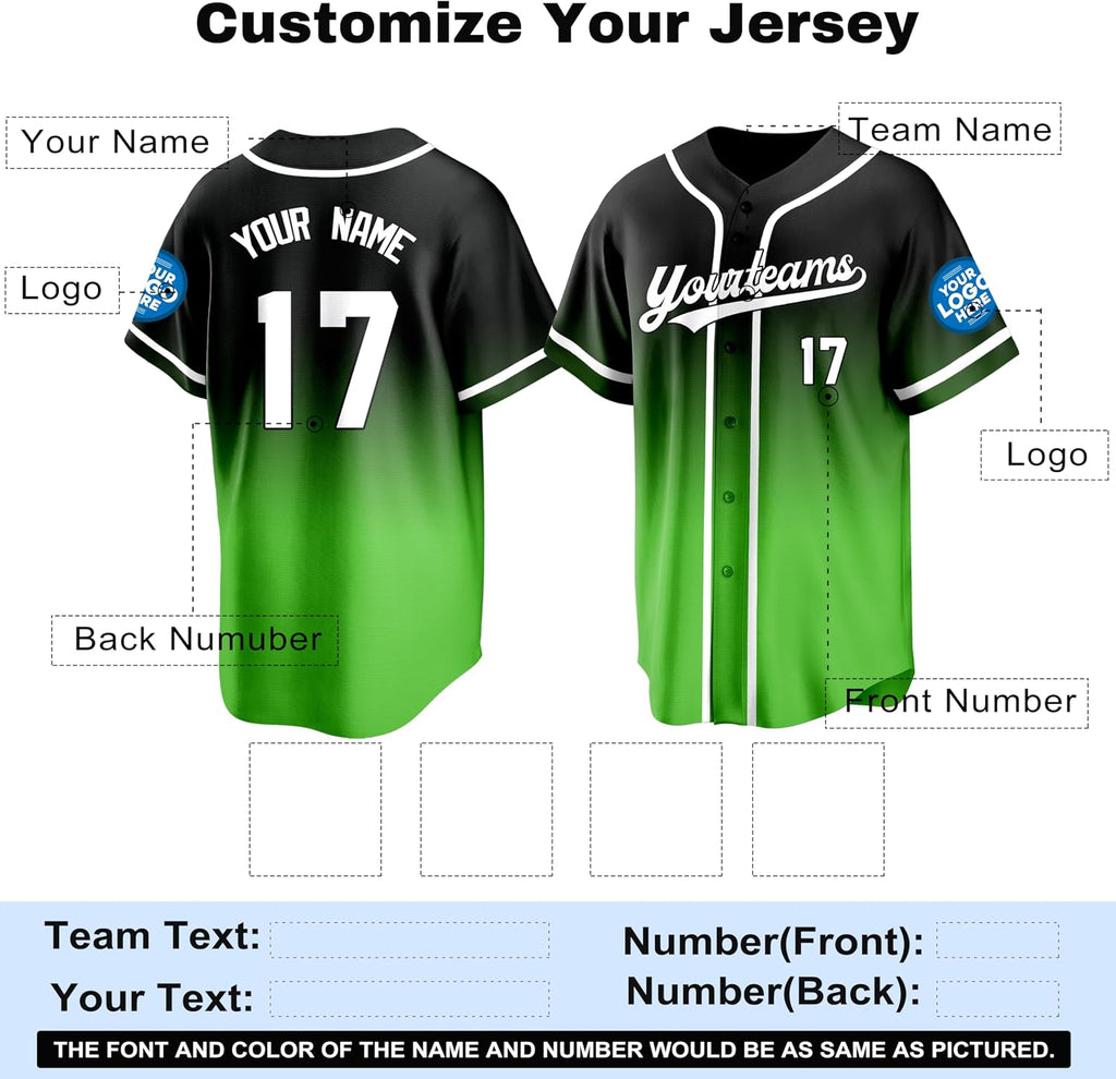 Custom Black to Green Gradient Baseball Jersey with White Trim