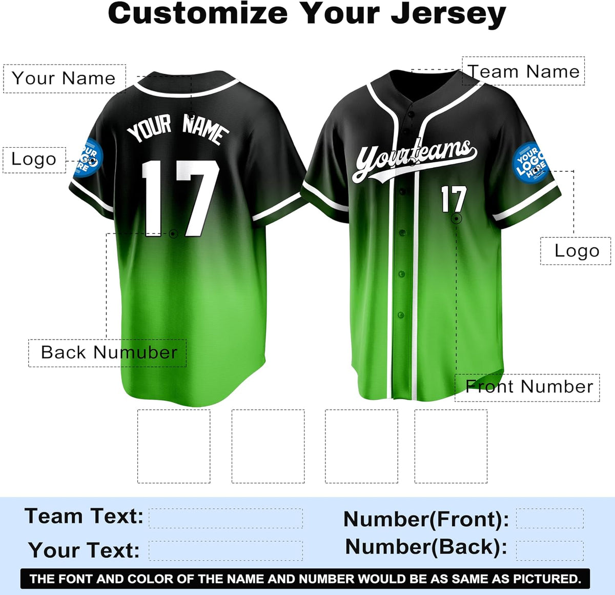 Custom Black to Green Gradient Baseball Jersey with White Trim
