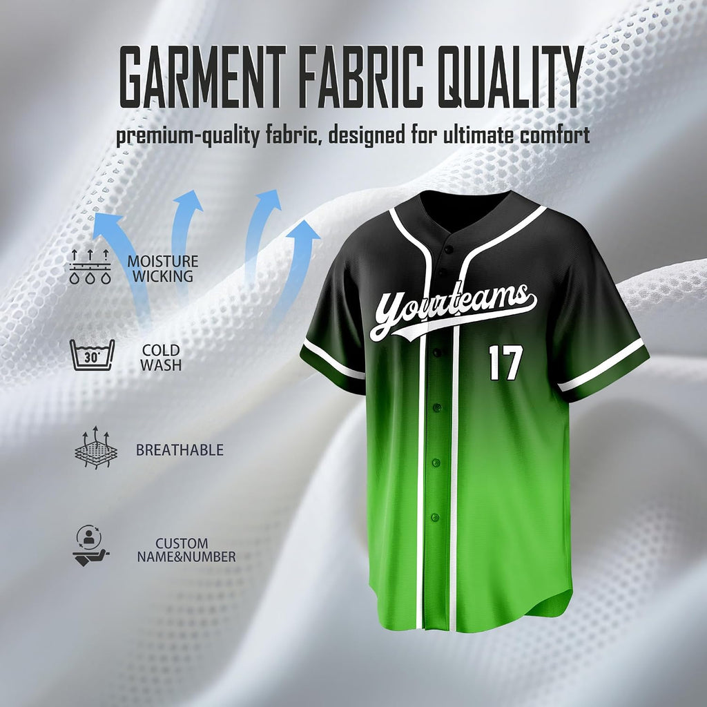 Custom Black to Green Gradient Baseball Jersey with White Trim