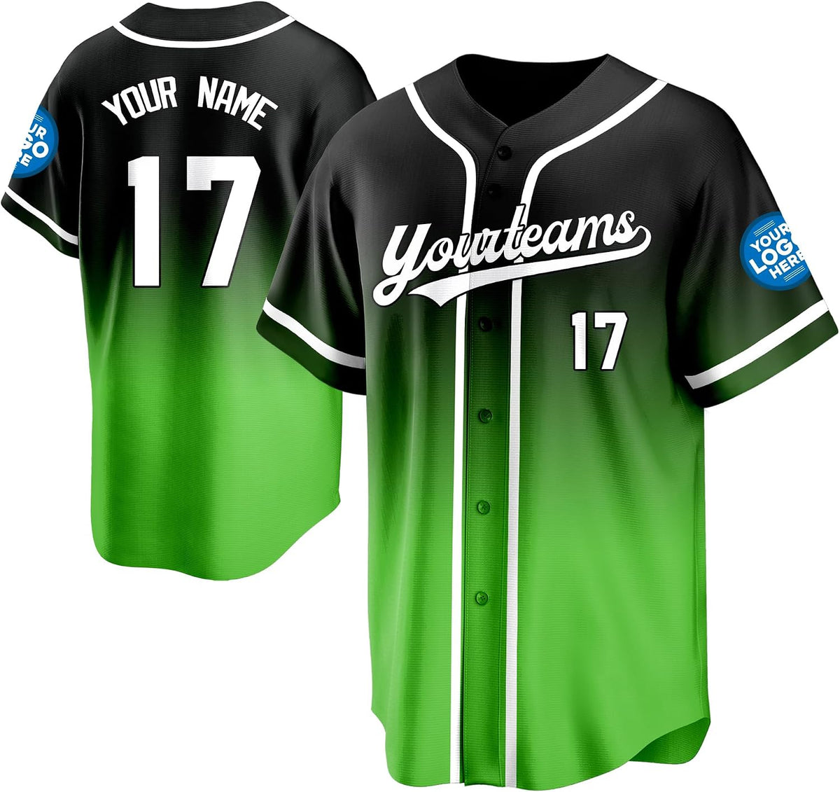 Custom Black to Green Gradient Baseball Jersey with White Trim