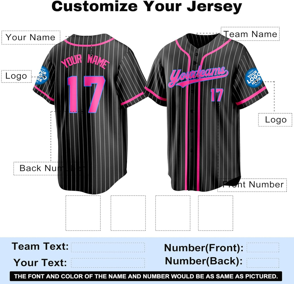 Custom Black Pinstripe Baseball Jersey with Pink Trim and Blue Outlined Lettering