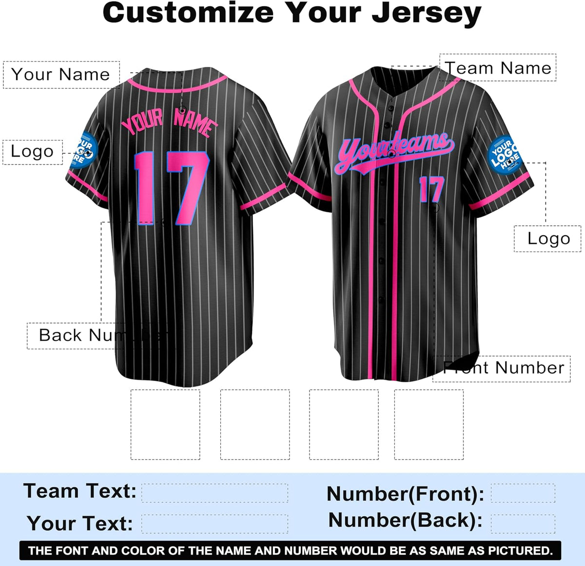Custom Black Pinstripe Baseball Jersey with Pink Trim and Blue Outlined Lettering