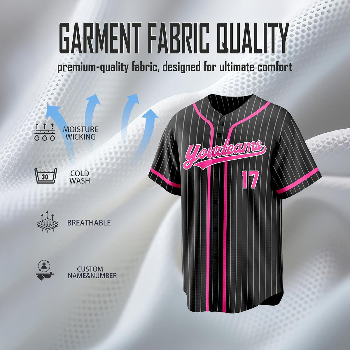 Custom Black Pinstripe Baseball Jersey with Hot Pink Trim