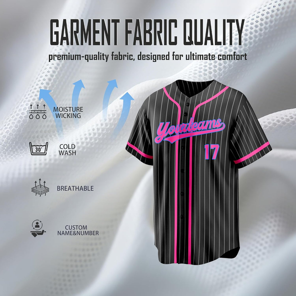 Custom Black Pinstripe Baseball Jersey with Pink Trim and Blue Outlined Lettering