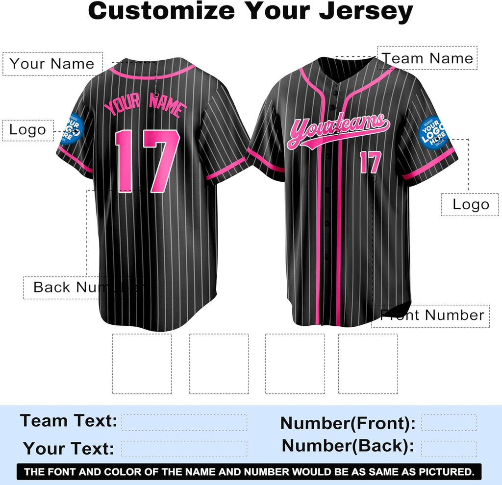 Custom Black Pinstripe Baseball Jersey with Hot Pink Trim