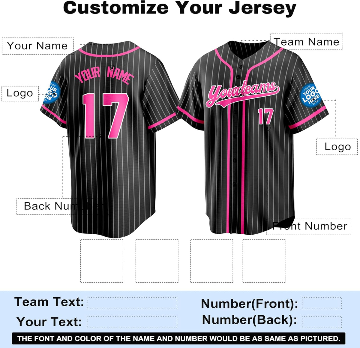Custom Black Pinstripe Baseball Jersey with Hot Pink Trim