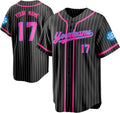 Custom Black Pinstripe Baseball Jersey with Pink Trim and Blue Outlined Lettering