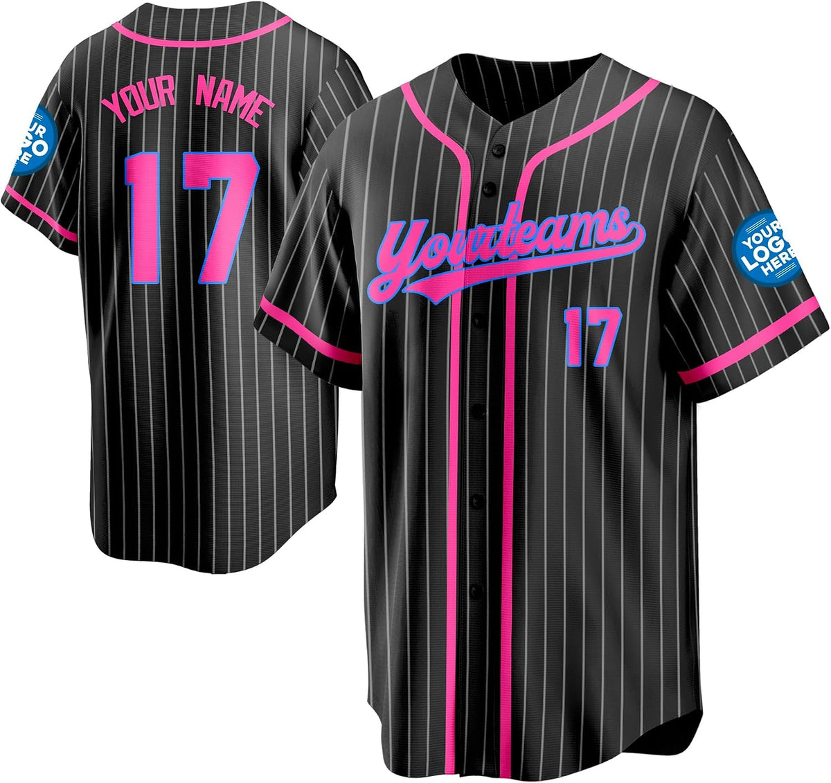 Custom Black Pinstripe Baseball Jersey with Pink Trim and Blue Outlined Lettering