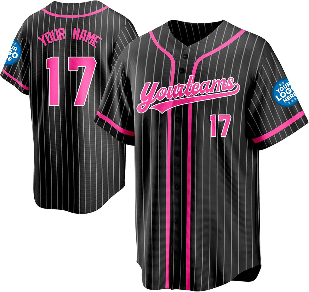 Custom Black Pinstripe Baseball Jersey with Hot Pink Trim