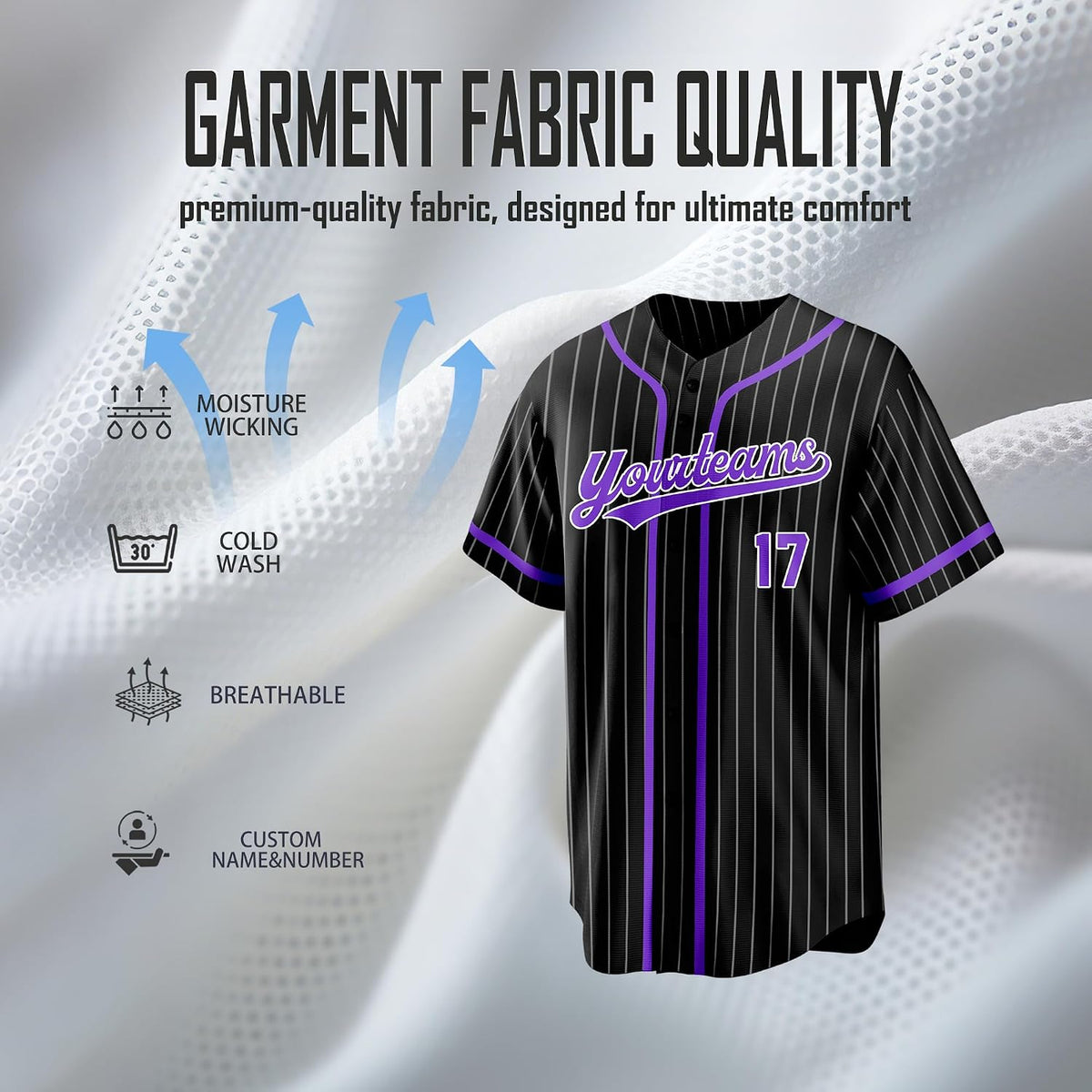 Custom Black and Purple Pinstripe Baseball Jersey