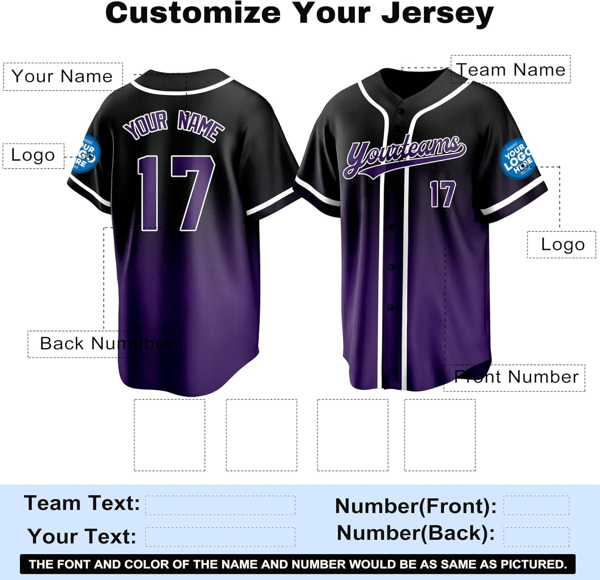 Custom Black to Purple Gradient Baseball Jersey with Name and Number
