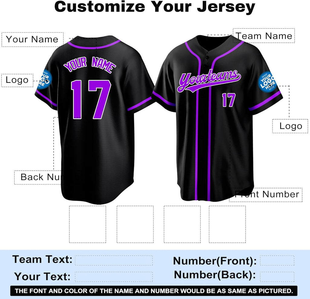 Custom Black Baseball Jersey with Purple Trim and Name and Number