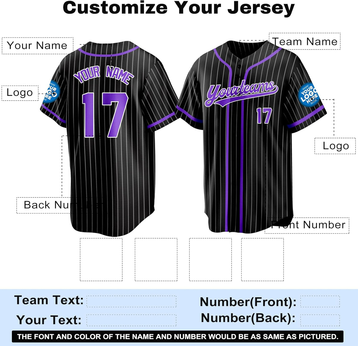 Custom Black and Purple Pinstripe Baseball Jersey