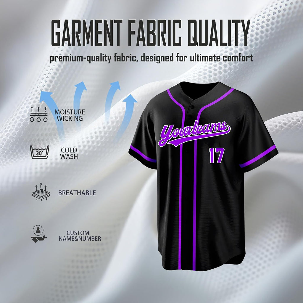 Custom Black Baseball Jersey with Purple Trim and Name and Number