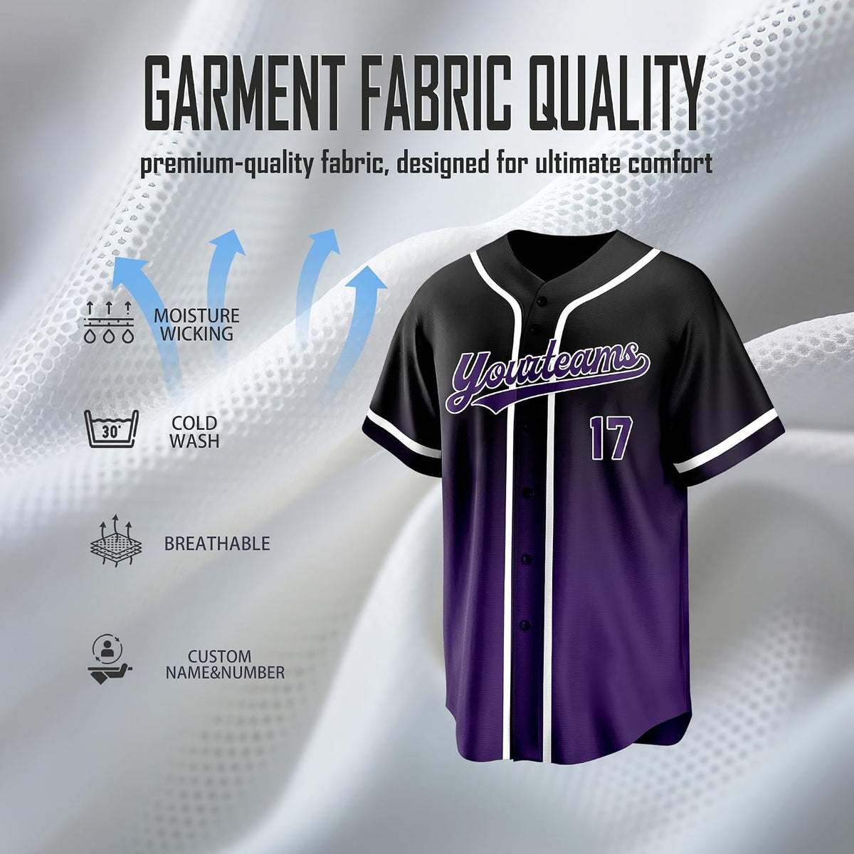 Custom Black to Purple Gradient Baseball Jersey with Name and Number