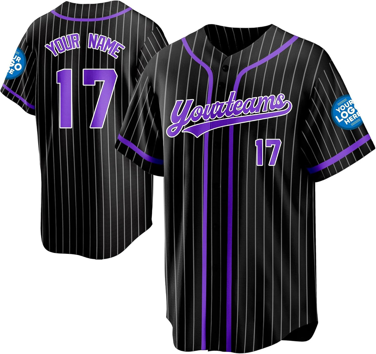 Custom Black and Purple Pinstripe Baseball Jersey
