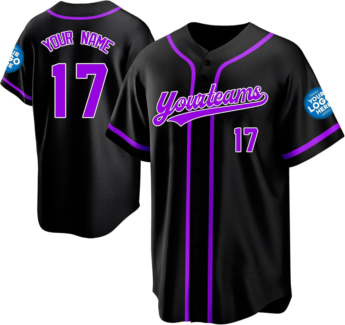Custom Black Baseball Jersey with Purple Trim and Name and Number