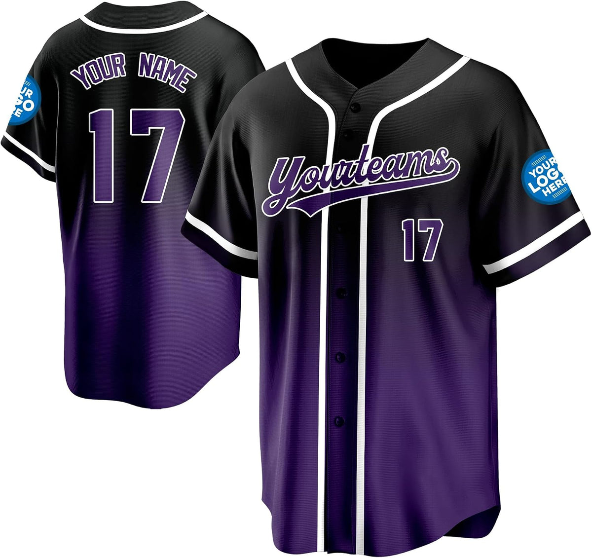 Custom Black to Purple Gradient Baseball Jersey with Name and Number
