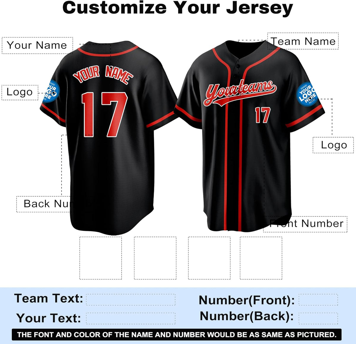 Custom Black Baseball Jersey with Red Piping and Name and Number