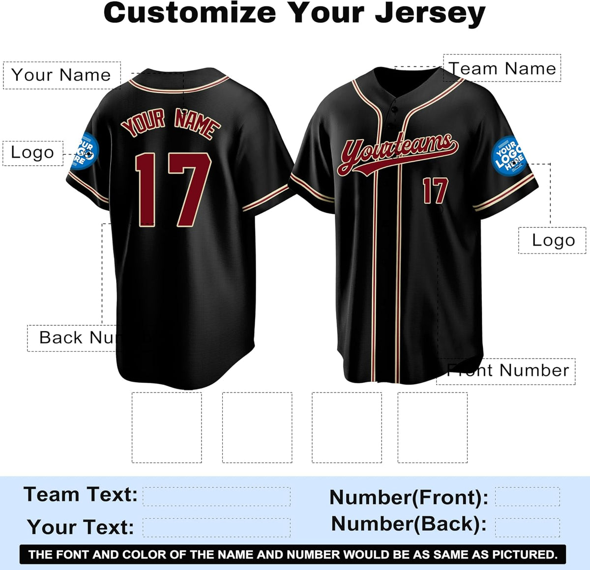 Custom Black Baseball Jersey with Burgundy and Gold Double Piping