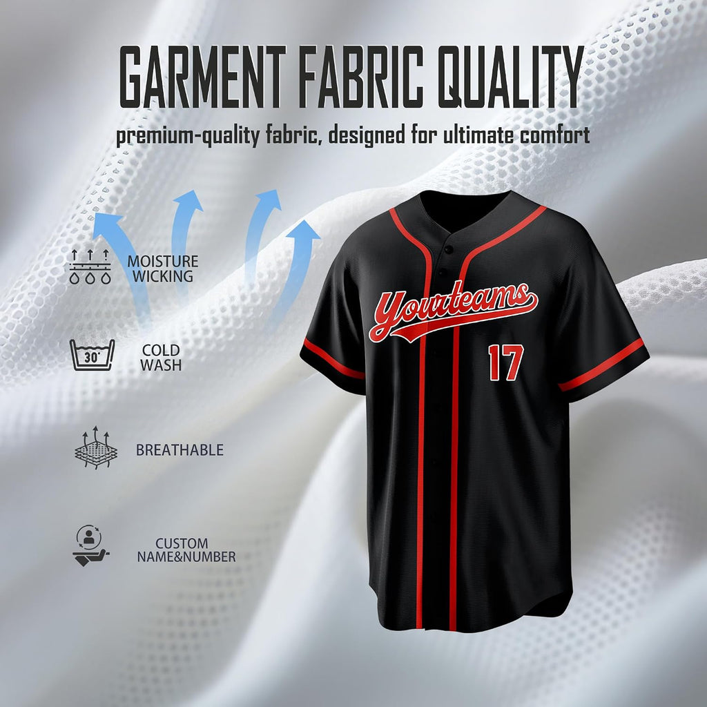 Custom Black Baseball Jersey with Red Piping and Name and Number