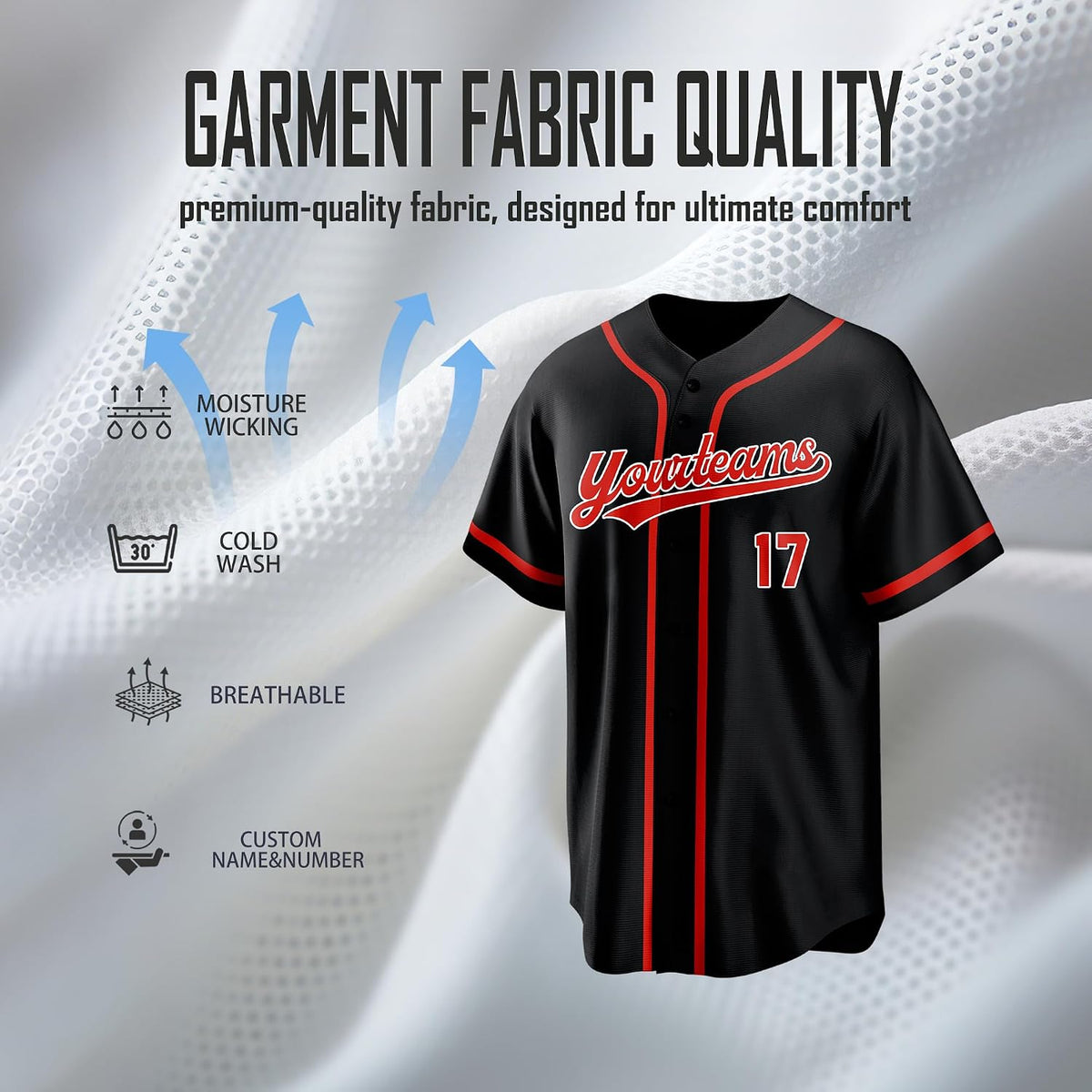 Custom Black Baseball Jersey with Red Piping and Name and Number