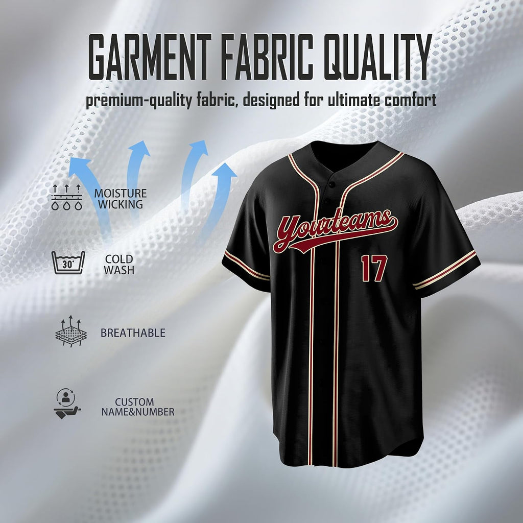 Custom Black Baseball Jersey with Burgundy and Gold Double Piping