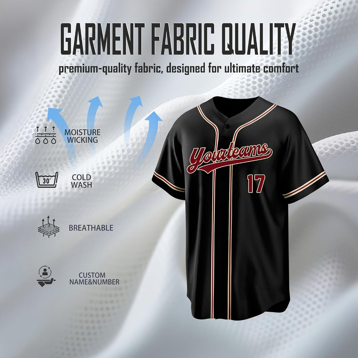 Custom Black Baseball Jersey with Burgundy and Gold Double Piping