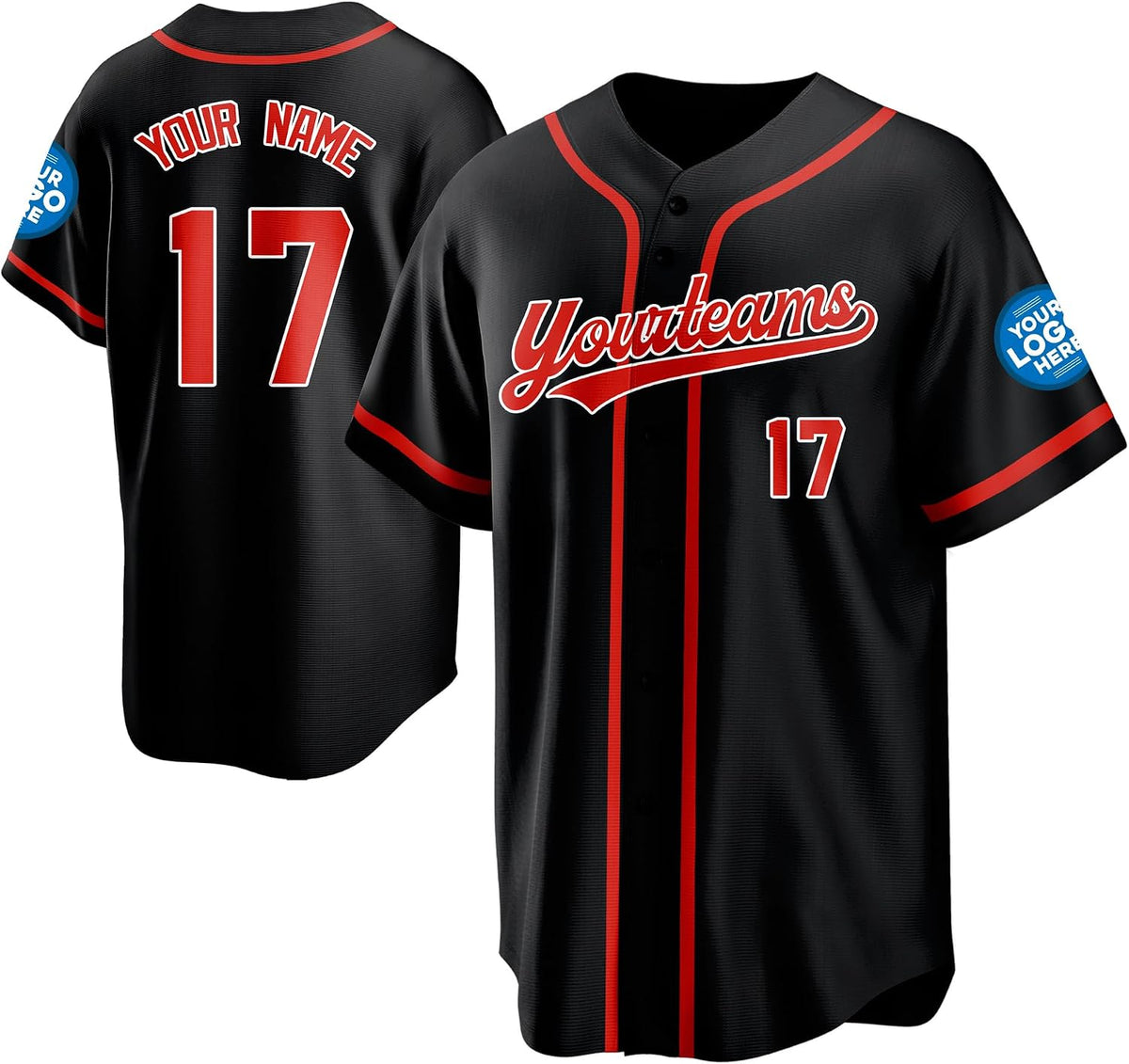 Custom Black Baseball Jersey with Red Piping and Name and Number