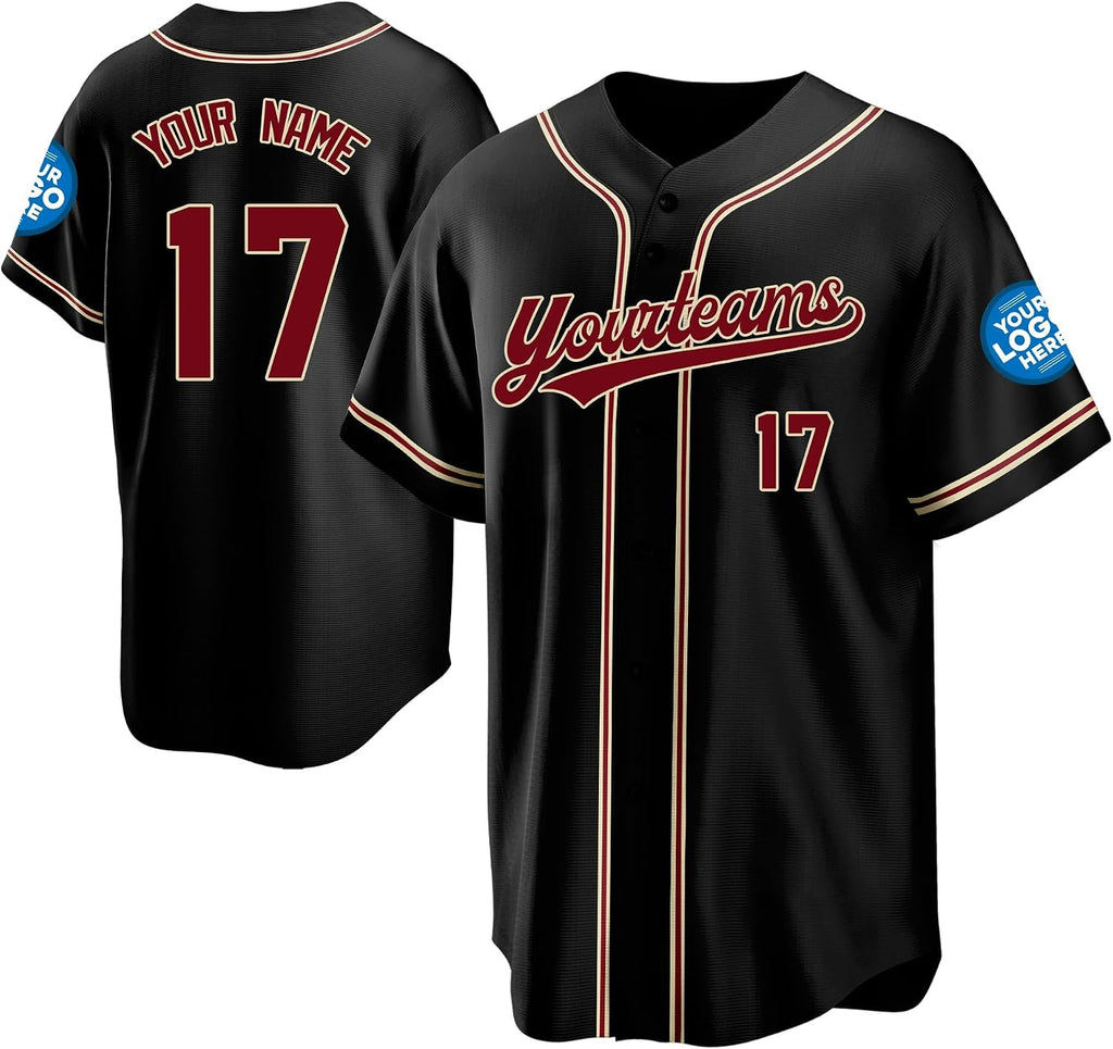 Custom Black Baseball Jersey with Burgundy and Gold Double Piping