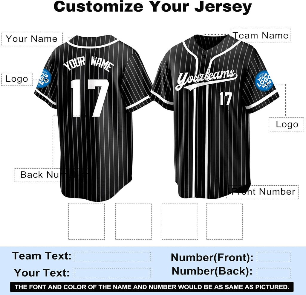 Custom Black Pinstripe Baseball Jersey with White Trim and Name and Number