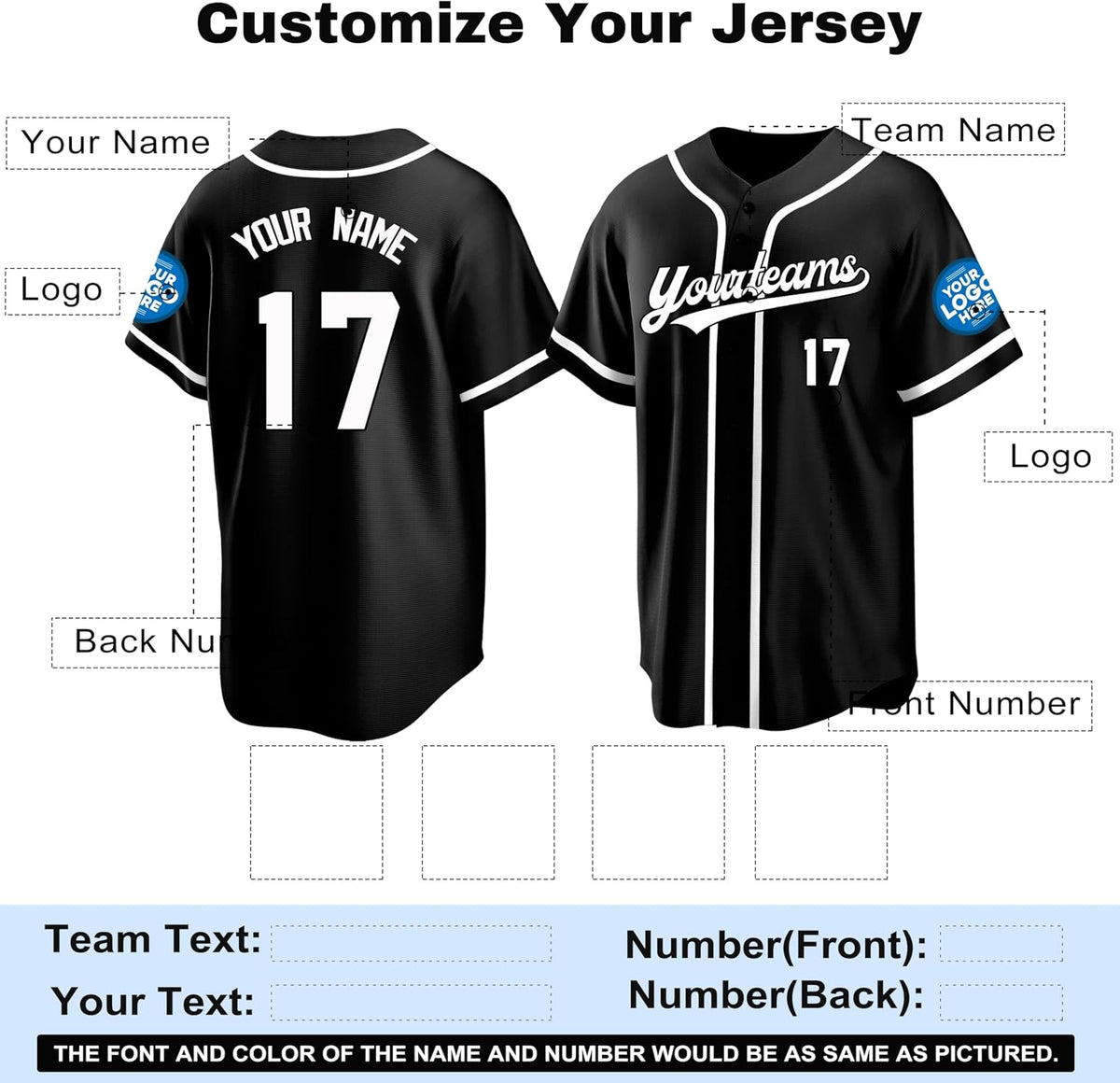 Custom Black Baseball Jersey with White Piping and Name and Number