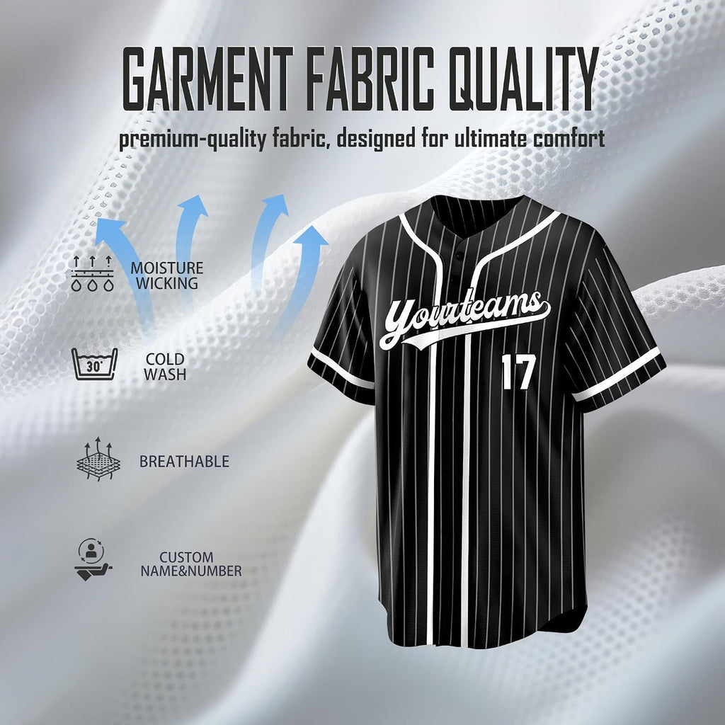 Custom Black Pinstripe Baseball Jersey with White Trim and Name and Number