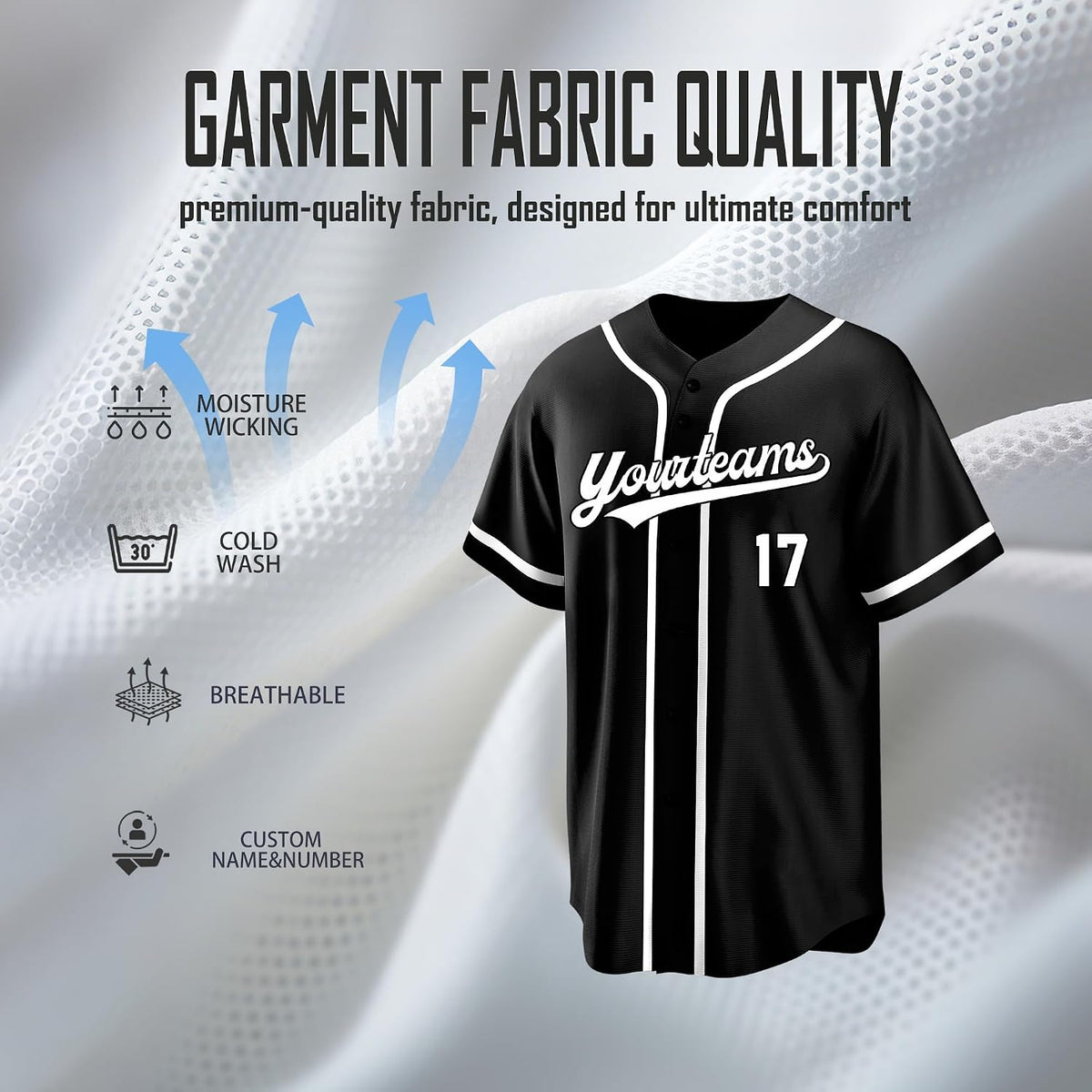 Custom Black Baseball Jersey with White Piping and Name and Number