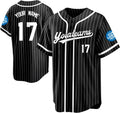 Custom Black Pinstripe Baseball Jersey with White Trim and Name and Number