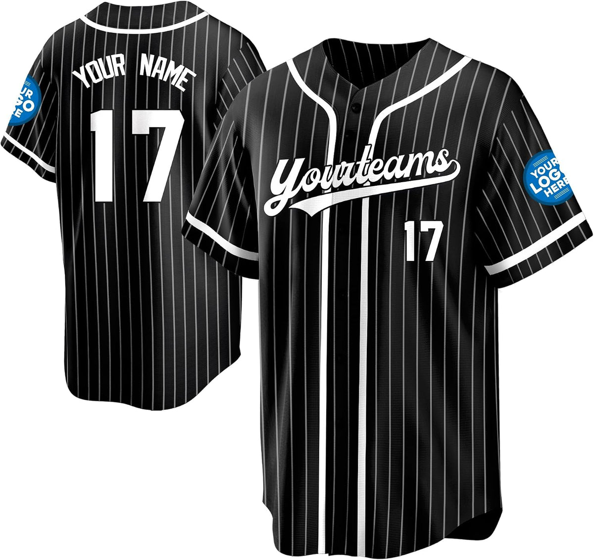 Custom Black Pinstripe Baseball Jersey with White Trim and Name and Number