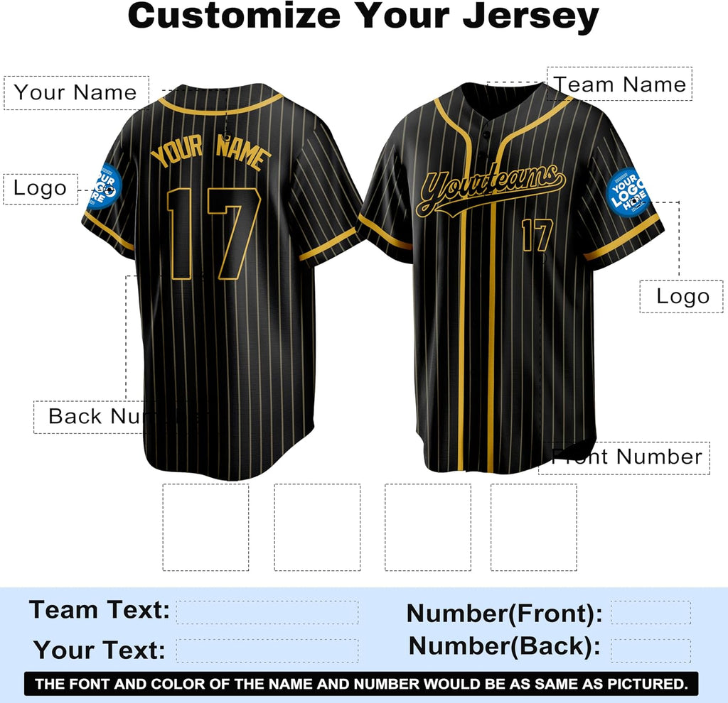 Custom Black and Gold Pinstripe Baseball Jersey with Gold Piping