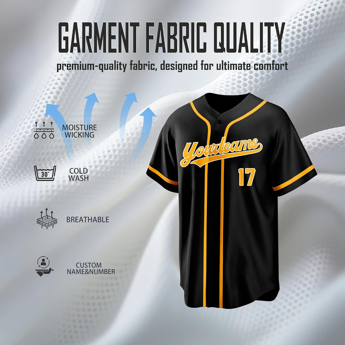 Custom Black Baseball Jersey with Gold Piping