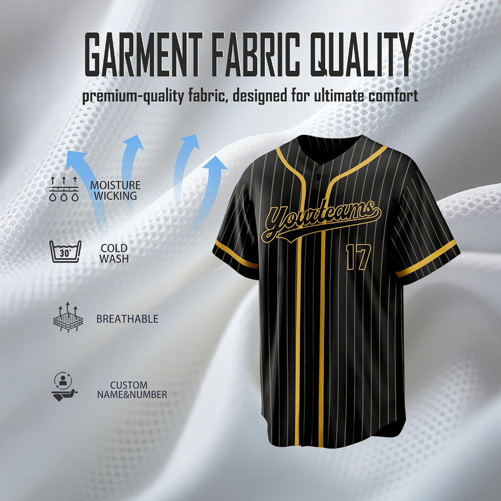Custom Black and Gold Pinstripe Baseball Jersey with Gold Piping
