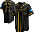 Custom Black and Gold Pinstripe Baseball Jersey with Gold Piping