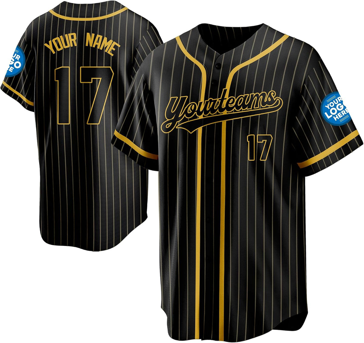 Custom Black and Gold Pinstripe Baseball Jersey with Gold Piping